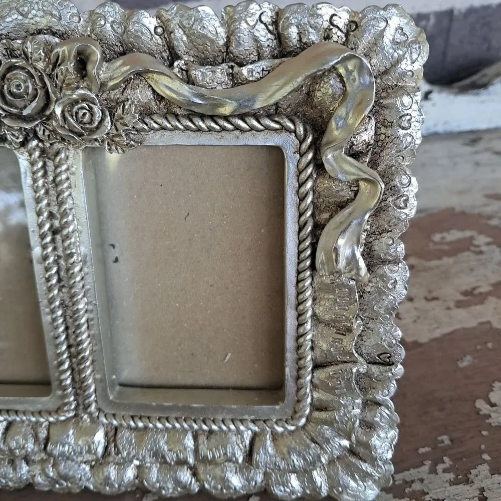 Vtg Platinum Resin Floral Ornate Double Frame 7x5” Ruffle Ribbon Cottage Core